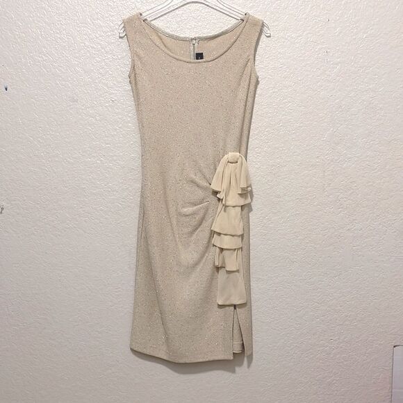 St John Black Label Midi Metallic Sleeveless Dress With Front Ruffle Slit Size 2